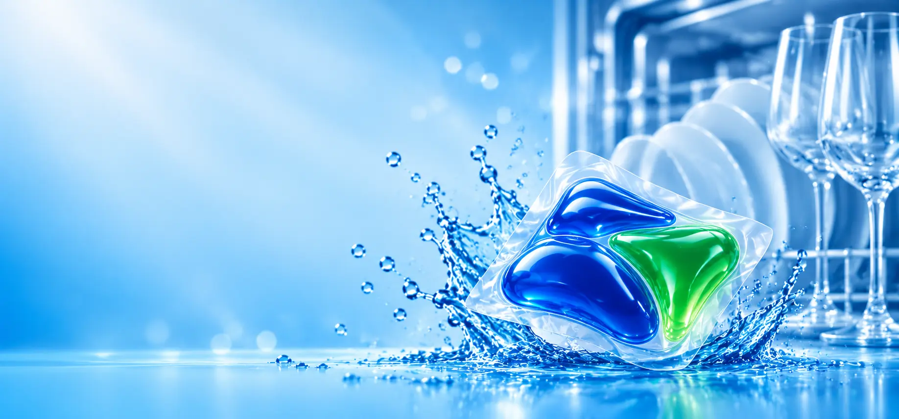 Tidy Hill dishwasher detergent capsule with sparkling glasses