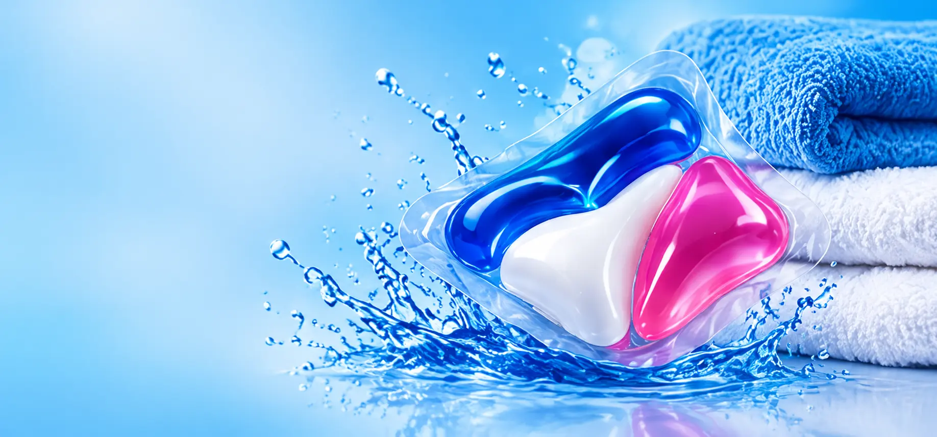 Tidy Hill laundry detergent capsule next to fresh towels