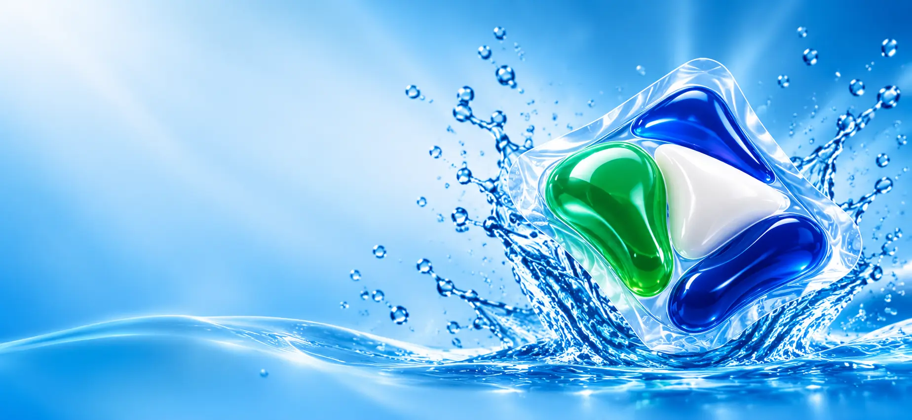 Tidy Hill laundry and dishwasher detergent capsules splashing in water